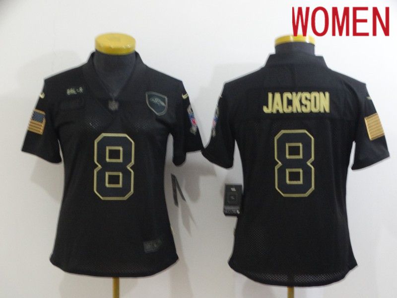 Women Baltimore Ravens 8 Jackson Black Retro Gold Lettering 2020 Nike NFL Jersey